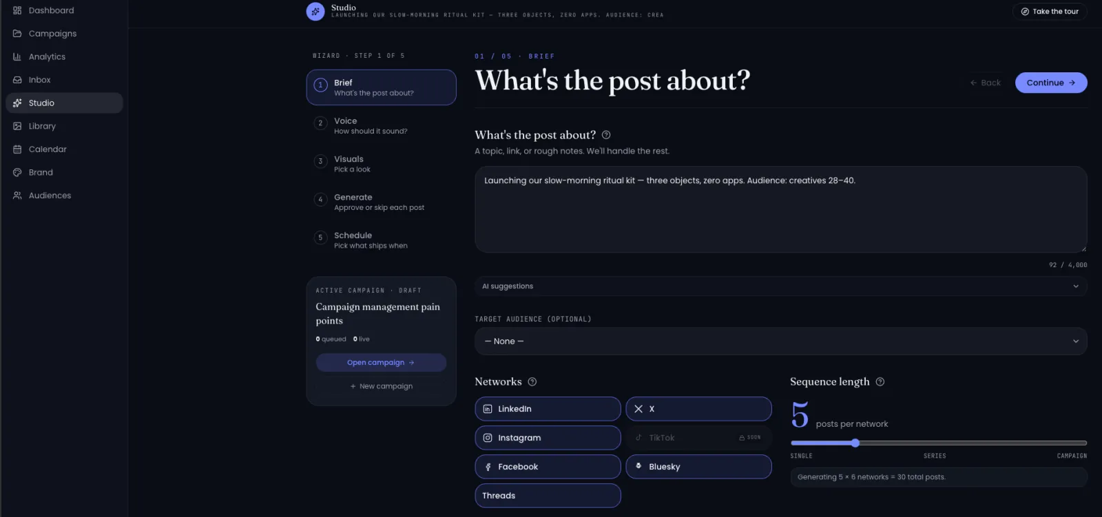 ArchySocial Studio, step 1 of 5: a campaign brief, six selected social networks and a five-post sequence, before voice, visuals and scheduling.