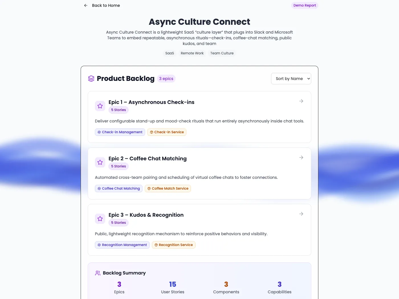 Product backlog overview: summary counts of epics, user stories, components and capabilities above a list of epics with descriptions and linked capabilities and components.