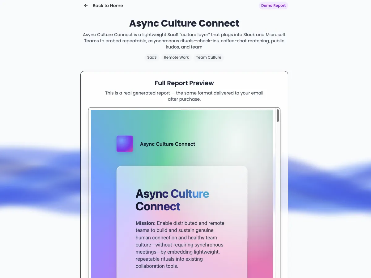 Preview of the full example report for Async Culture Connect, opening with its cover page and a Demo report badge.